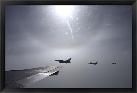 Framed F-16 Fighting Falcon fighters over the wing of a KC-135 Stratotanker Print