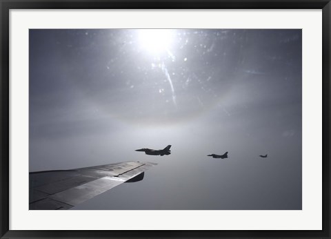 Framed F-16 Fighting Falcon fighters over the wing of a KC-135 Stratotanker Print