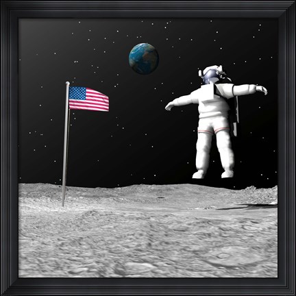 Framed First astronaut on the moon floating next to American flag Print