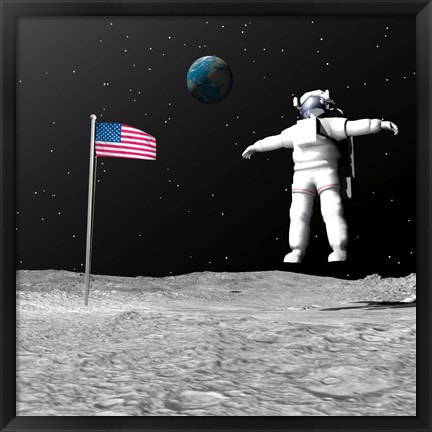 Framed First astronaut on the moon floating next to American flag Print