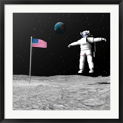 Framed First astronaut on the moon floating next to American flag Print