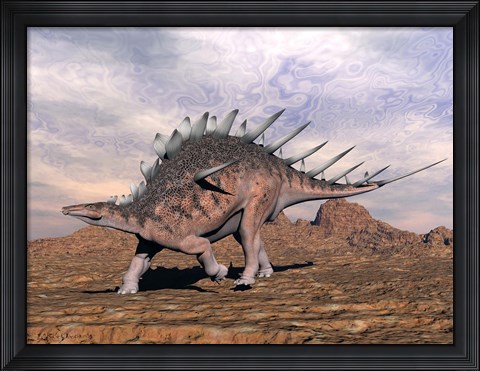 Framed Kentrosaurus dinosaur walking in the desert Print