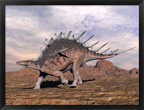 Framed Kentrosaurus dinosaur walking in the desert Print