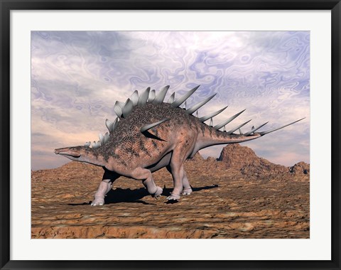 Framed Kentrosaurus dinosaur walking in the desert Print