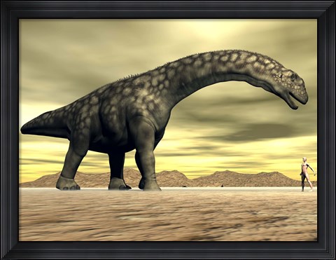 Framed Large Argentinosaurus dinosaur face to face with a human Print