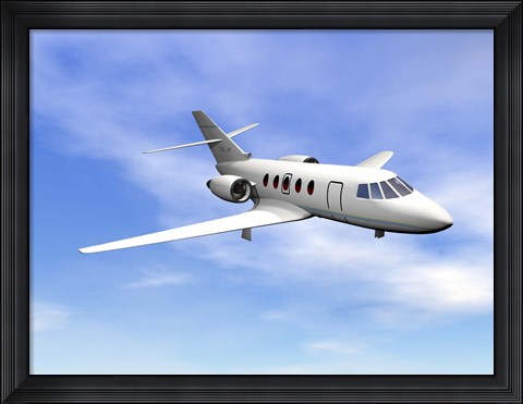 Framed Private jet plane flying in cloudy blue sky Print