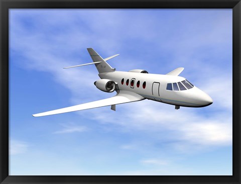 Framed Private jet plane flying in cloudy blue sky Print