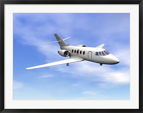 Framed Private jet plane flying in cloudy blue sky Print