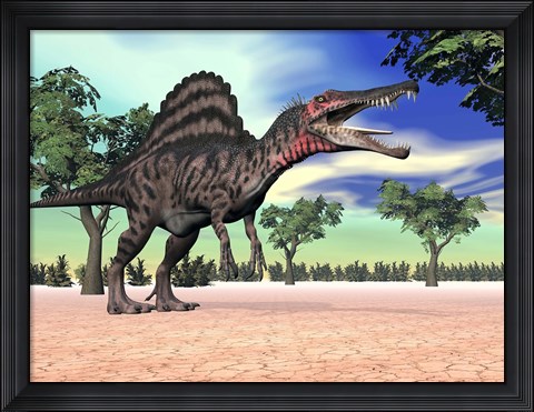 Framed Spinosaurus standing in the desert with trees Print
