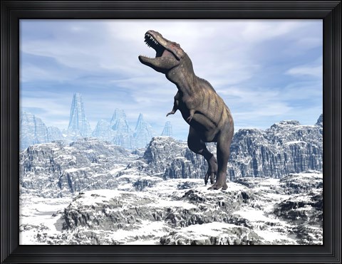 Framed Tyrannosaurus Rex dinosaur in a snowy landscape Print