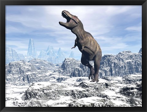 Framed Tyrannosaurus Rex dinosaur in a snowy landscape Print