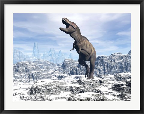 Framed Tyrannosaurus Rex dinosaur in a snowy landscape Print