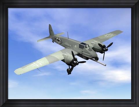 Framed World War II era German aircraft with swastika flying in the sky Print