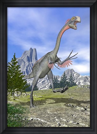 Framed Gigantoraptor dinosaur running in the mountains Print