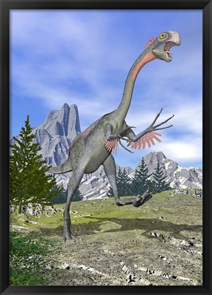 Framed Gigantoraptor dinosaur running in the mountains Print