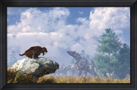 Framed Eusmilus watches a herd of Paraceratherium Print
