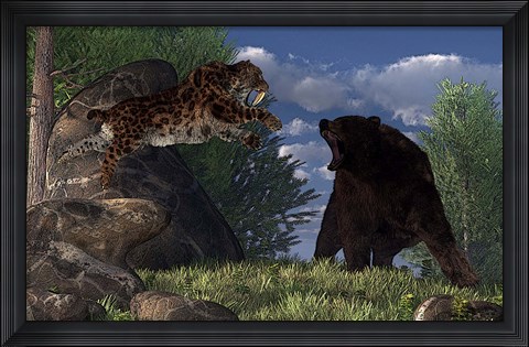 Framed saber-toothed cat leaps at a grizzly bear on a mountain path Print