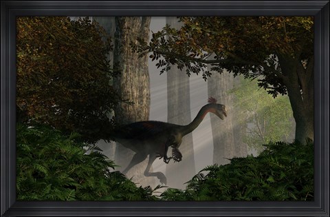 Framed Gigantoraptor in a dense prehistoric forest Print