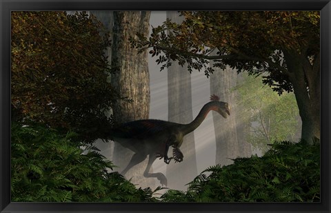 Framed Gigantoraptor in a dense prehistoric forest Print