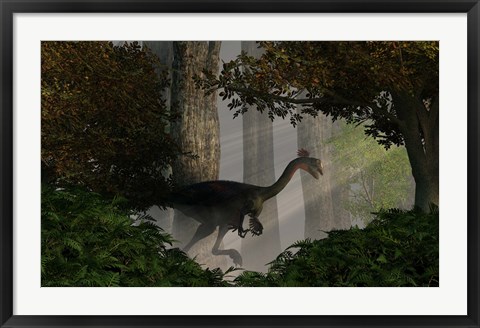 Framed Gigantoraptor in a dense prehistoric forest Print