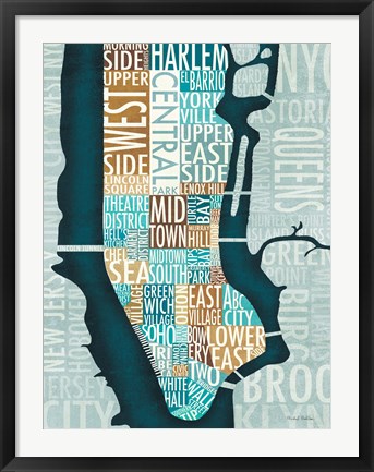 Framed Manhattan Map Blue Brown Print