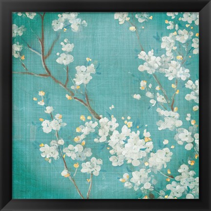 Framed White Cherry Blossoms II on Blue Aged No Bird Print