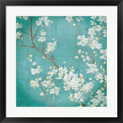 Framed White Cherry Blossoms II on Blue Aged No Bird Print