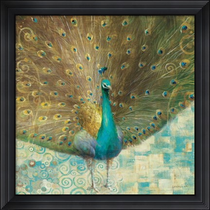 Framed Teal Peacock on Gold Print