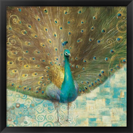 Framed Teal Peacock on Gold Print