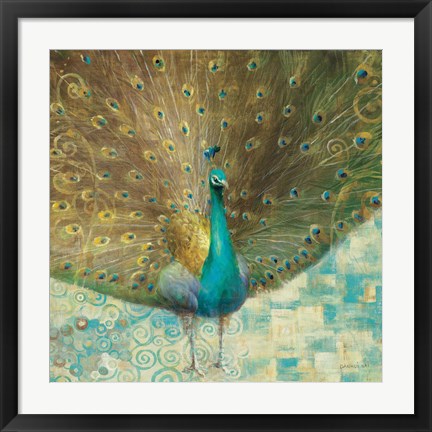 Framed Teal Peacock on Gold Print