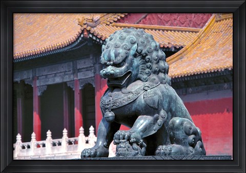 Framed China, Beijing, Lion statue guards Forbidden City Print