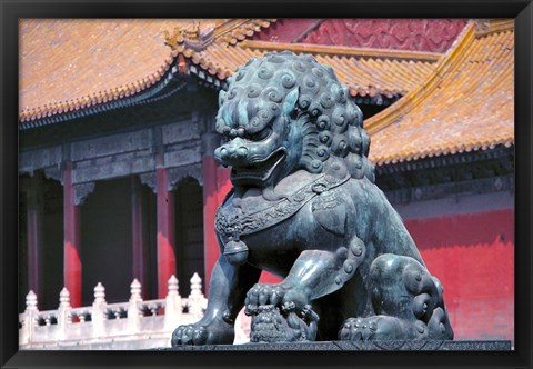 Framed China, Beijing, Lion statue guards Forbidden City Print