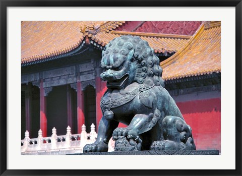 Framed China, Beijing, Lion statue guards Forbidden City Print