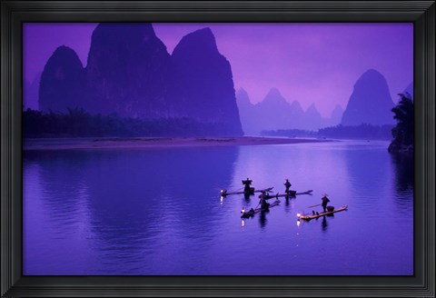 Framed Cormorant Fisherman on Li River, China Print