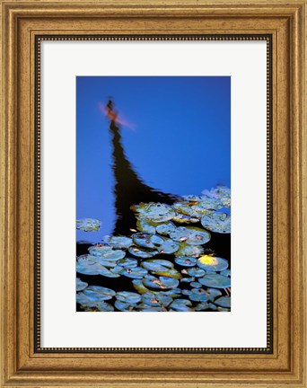 Framed Lily Pond and Temple Reflection in Blue, China Print
