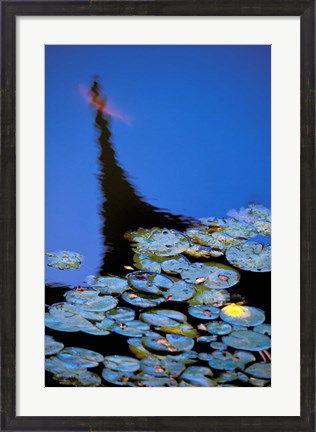 Framed Lily Pond and Temple Reflection in Blue, China Print