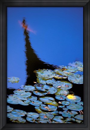 Framed Lily Pond and Temple Reflection in Blue, China Print
