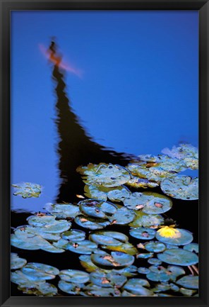 Framed Lily Pond and Temple Reflection in Blue, China Print