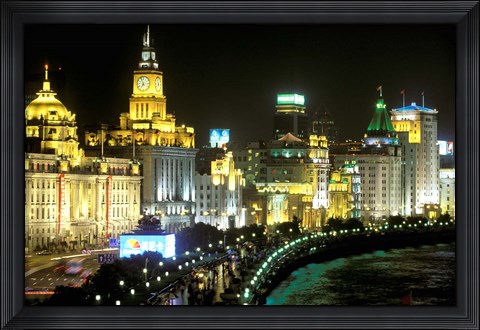 Framed View of the Bund Area Illuminated at Night, Shanghai, China Print