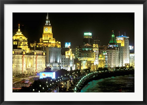 Framed View of the Bund Area Illuminated at Night, Shanghai, China Print