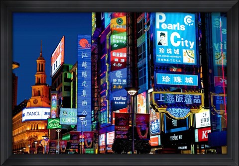 Framed neon signs along the shopping and business center at night, Nanjing Road, Shanghai, China Print