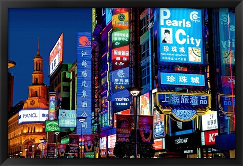 Framed neon signs along the shopping and business center at night, Nanjing Road, Shanghai, China Print