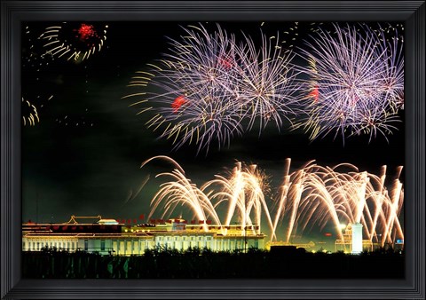 Framed China, Beijing, Fireworks over Tienanmen Square Print