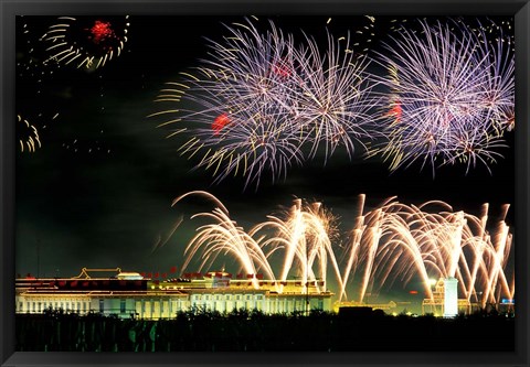 Framed China, Beijing, Fireworks over Tienanmen Square Print