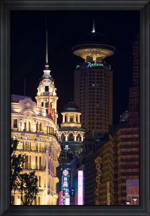 Framed Radisson Hotel and Neon-Lit Shopping District along Nanjing Road, Shanghai, China Print