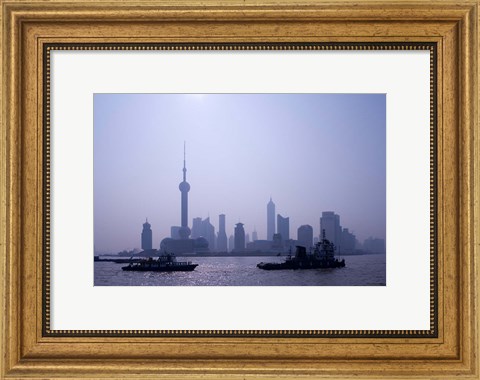 Framed Water Traffic along Huangpu River Passing Oriental TV Tower and Pudong Skyline, Shanghai, China Print