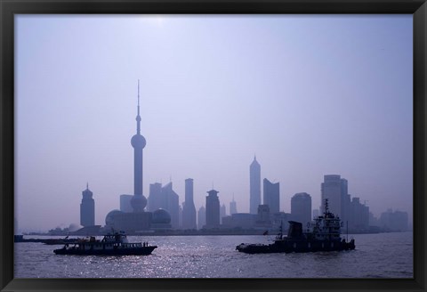 Framed Water Traffic along Huangpu River Passing Oriental TV Tower and Pudong Skyline, Shanghai, China Print