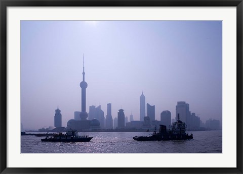 Framed Water Traffic along Huangpu River Passing Oriental TV Tower and Pudong Skyline, Shanghai, China Print