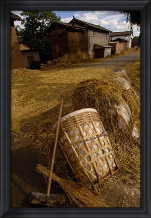 Framed Bai Minority Laying Wheat on the Road, Jianchuan County, Yunnan Province, China Print