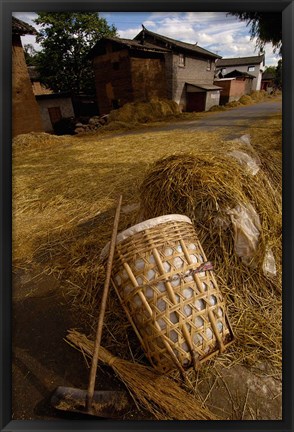 Framed Bai Minority Laying Wheat on the Road, Jianchuan County, Yunnan Province, China Print